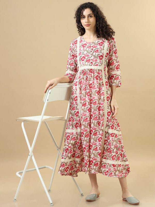 Pink 3/4Th Sleeves Cotton Floral Regular Fit Ankle Length Dress