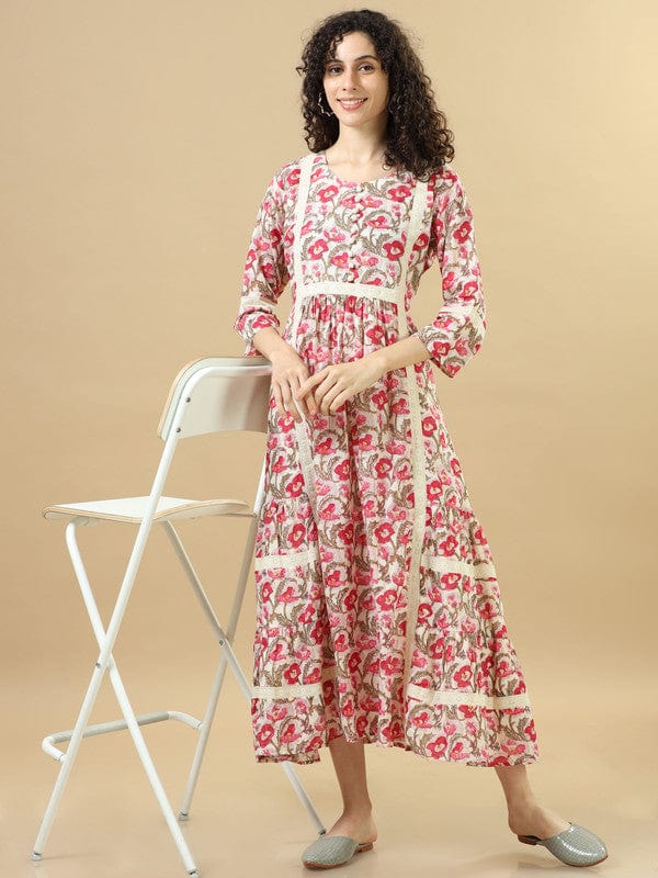 Pink 3/4Th Sleeves Cotton Floral Regular Fit Ankle Length Dress