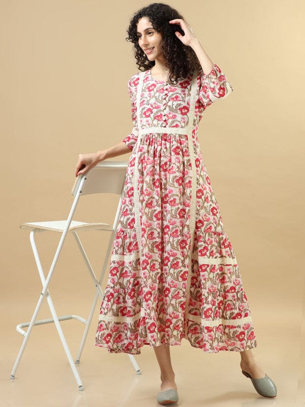 Pink 3/4Th Sleeves Cotton Floral Regular Fit Ankle Length Dress