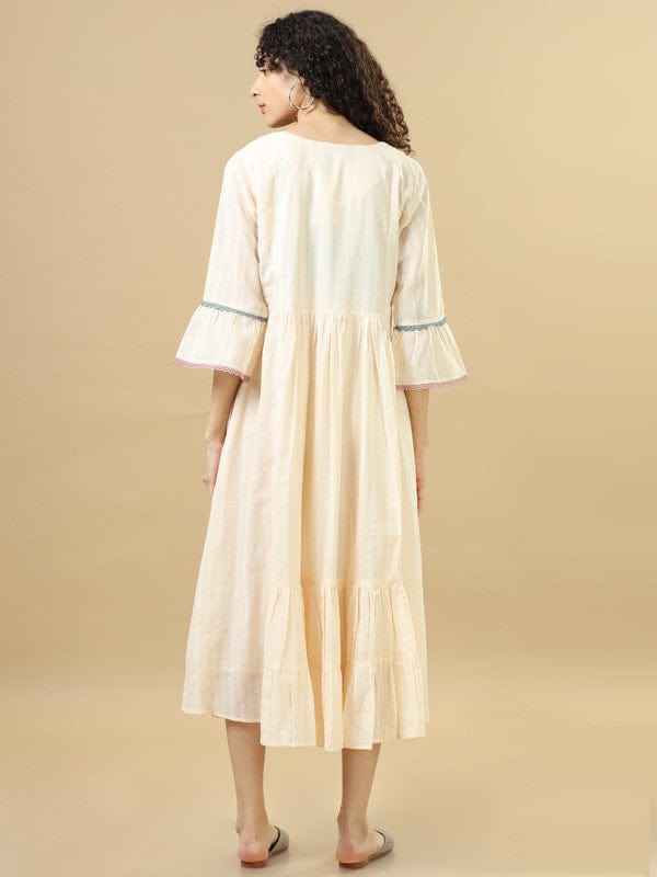 Cream 3/4Th Sleeves Cotton Machine Thread Work, Dobby Regular Fit Calf Length Dress