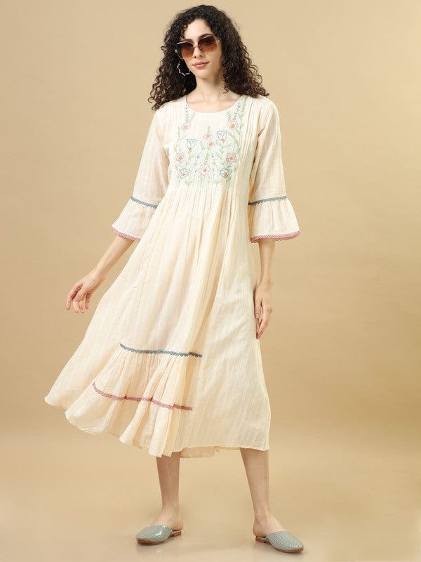 Cream 3/4Th Sleeves Cotton Machine Thread Work, Dobby Regular Fit Calf Length Dress