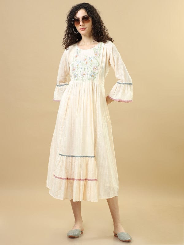 Cream 3/4Th Sleeves Cotton Machine Thread Work, Dobby Regular Fit Calf Length Dress