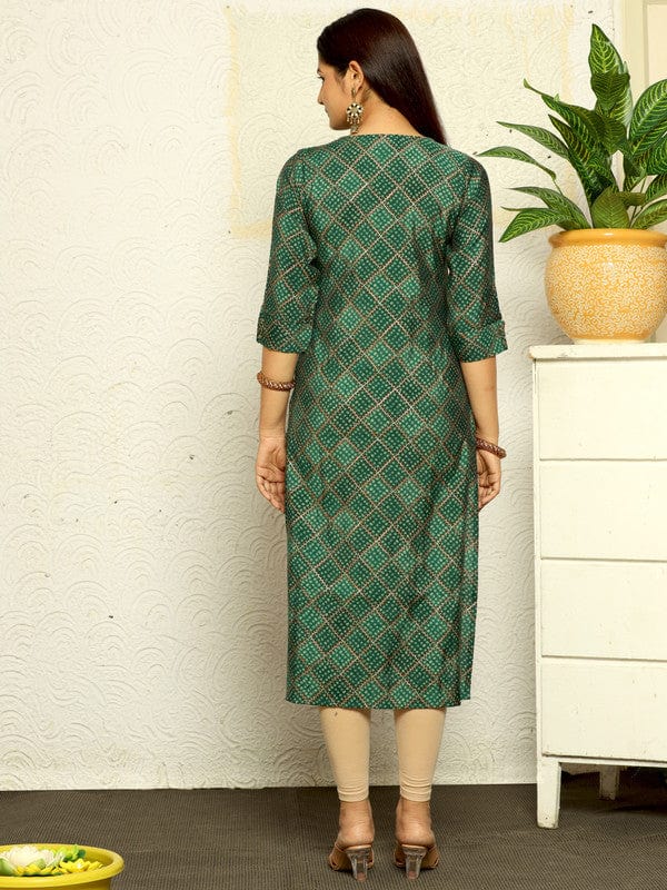 Green 3/4th Sleeves Cotton Silk Bandini Regular fit Calf length Kurta