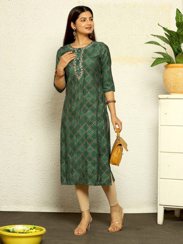 Green 3/4th Sleeves Cotton Silk Bandini Regular fit Calf length Kurta