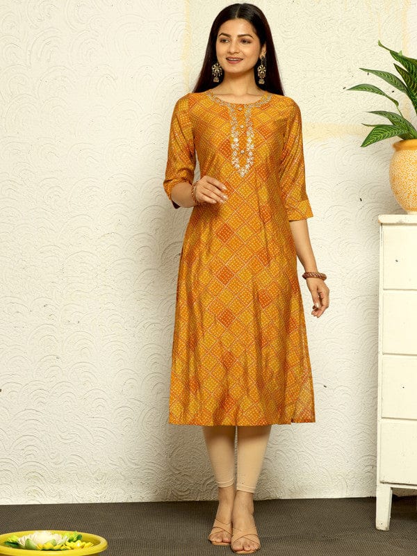 Orange 3/4th Sleeves Cotton Silk Bandini Regular fit Calf length Kurta