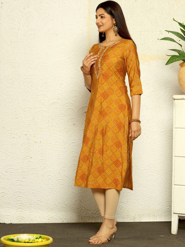 Orange 3/4th Sleeves Cotton Silk Bandini Regular fit Calf length Kurta