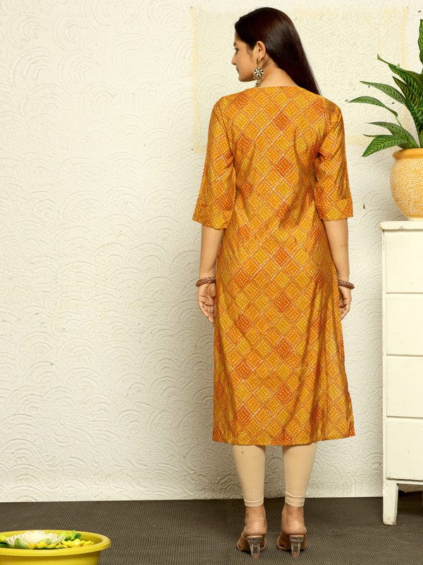 Orange 3/4th Sleeves Cotton Silk Bandini Regular fit Calf length Kurta