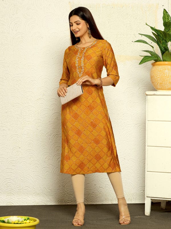 Orange 3/4th Sleeves Cotton Silk Bandini Regular fit Calf length Kurta