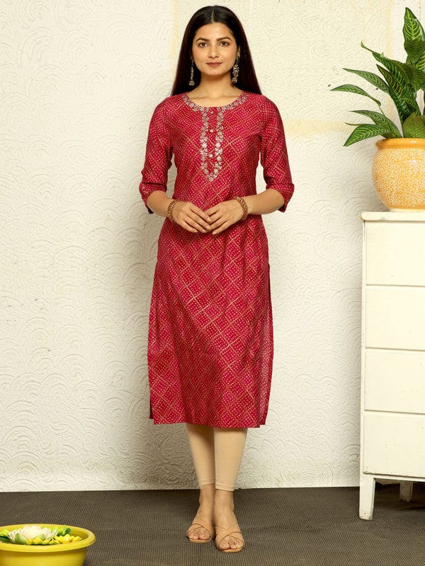 Red 3/4th Sleeves Cotton Silk Bandini Regular fit Calf length Kurta