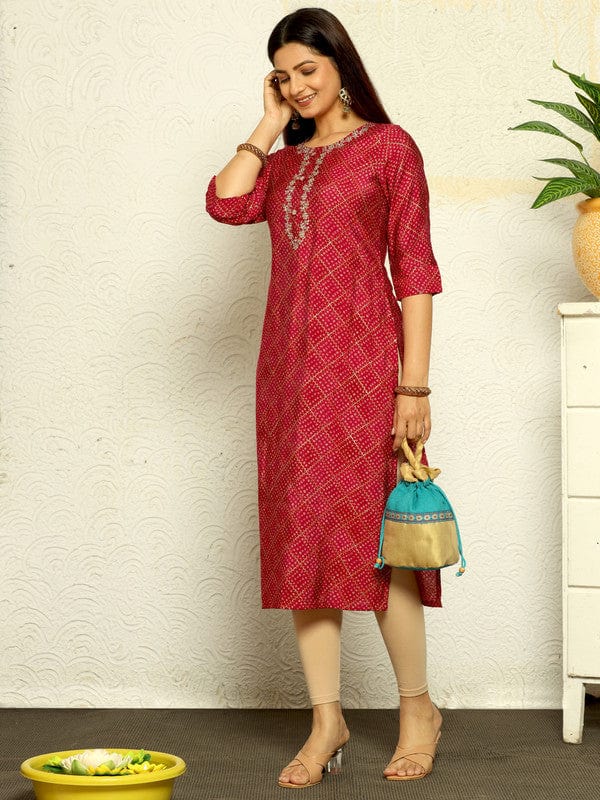 Red 3/4th Sleeves Cotton Silk Bandini Regular fit Calf length Kurta