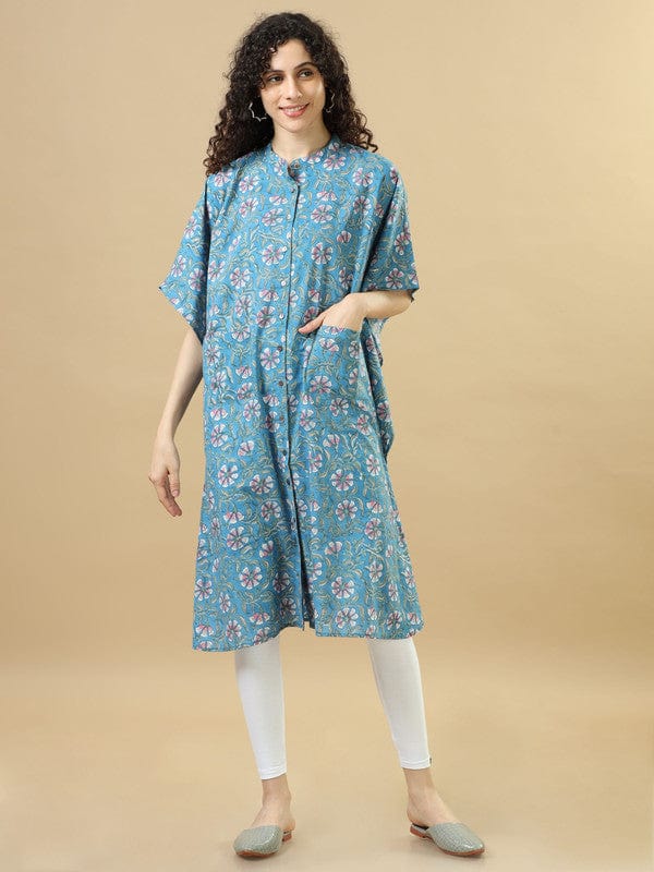 Blue Elbow Sleeves Cotton Block Print Regular Fit Calf Length Kaftan