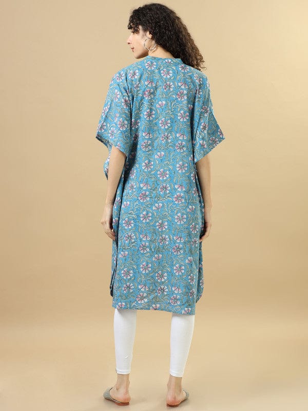 Blue Elbow Sleeves Cotton Block Print Regular Fit Calf Length Kaftan