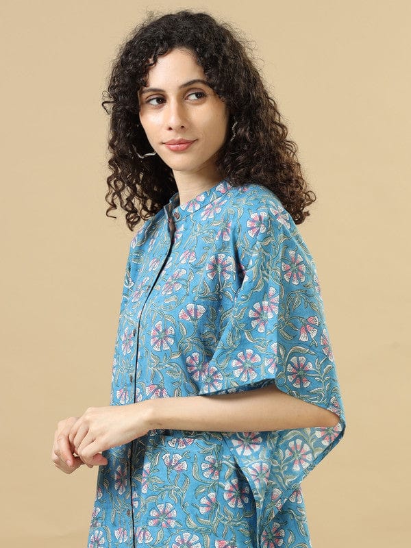 Blue Elbow Sleeves Cotton Block Print Regular Fit Calf Length Kaftan