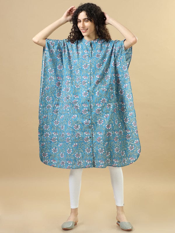 Blue Elbow Sleeves Cotton Block Print Regular Fit Calf Length Kaftan