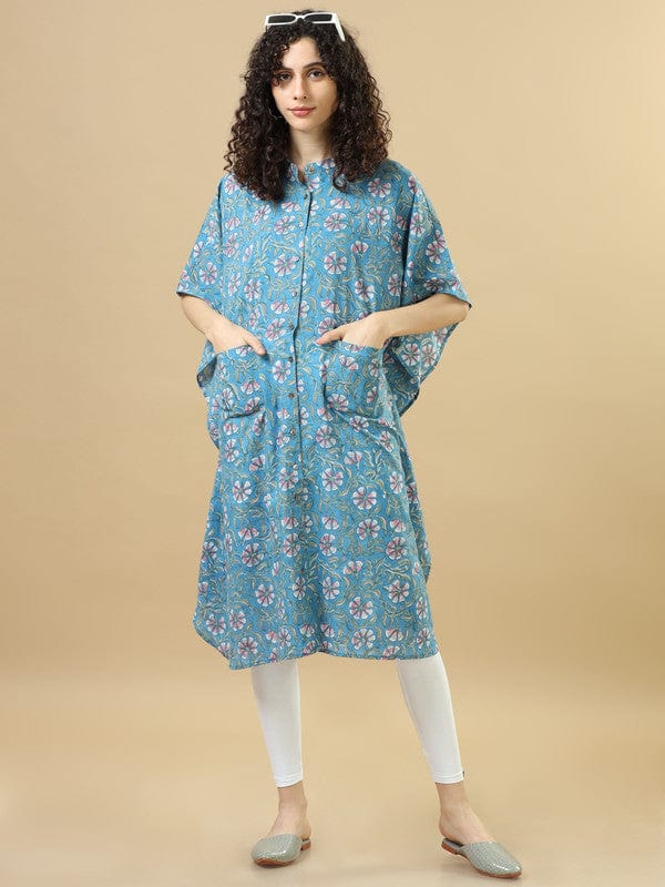 Blue Elbow Sleeves Cotton Block Print Regular Fit Calf Length Kaftan