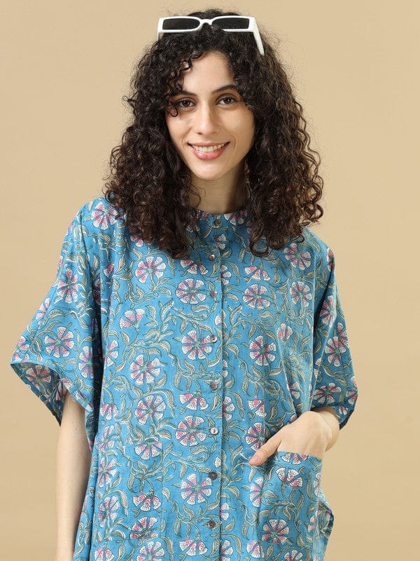 Blue Elbow Sleeves Cotton Block Print Regular Fit Calf Length Kaftan