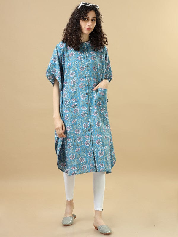 Blue Elbow Sleeves Cotton Block Print Regular Fit Calf Length Kaftan