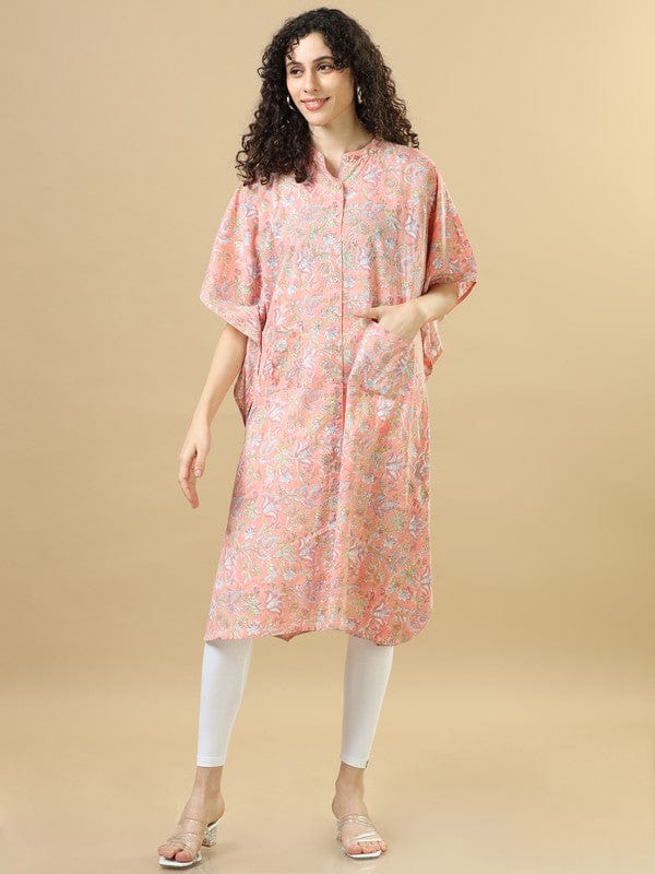 Peach Elbow Sleeves Cotton Block Print Regular Fit Calf Length Kaftan