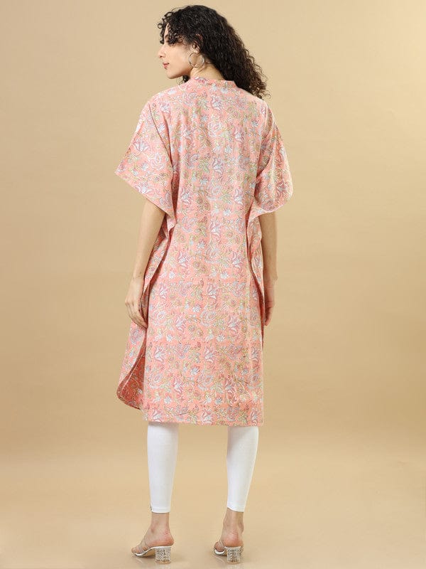 Peach Elbow Sleeves Cotton Block Print Regular Fit Calf Length Kaftan