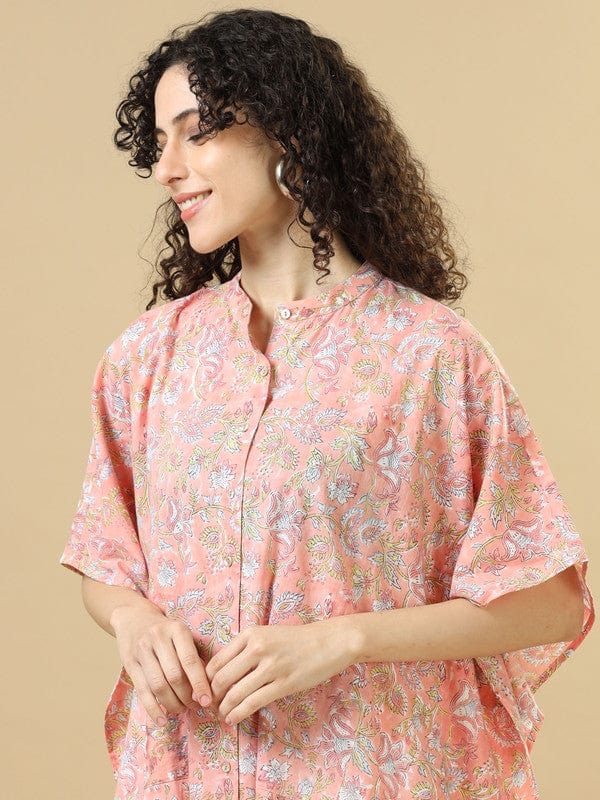 Peach Elbow Sleeves Cotton Block Print Regular Fit Calf Length Kaftan