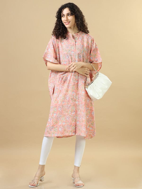 Peach Elbow Sleeves Cotton Block Print Regular Fit Calf Length Kaftan