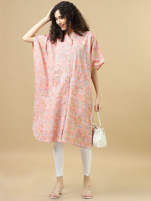 Peach Elbow Sleeves Cotton Block Print Regular Fit Calf Length Kaftan