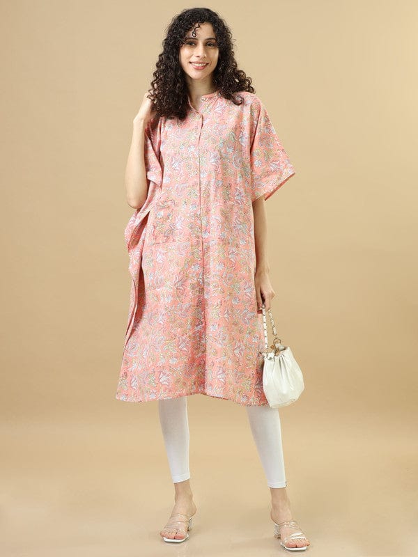 Peach Elbow Sleeves Cotton Block Print Regular Fit Calf Length Kaftan