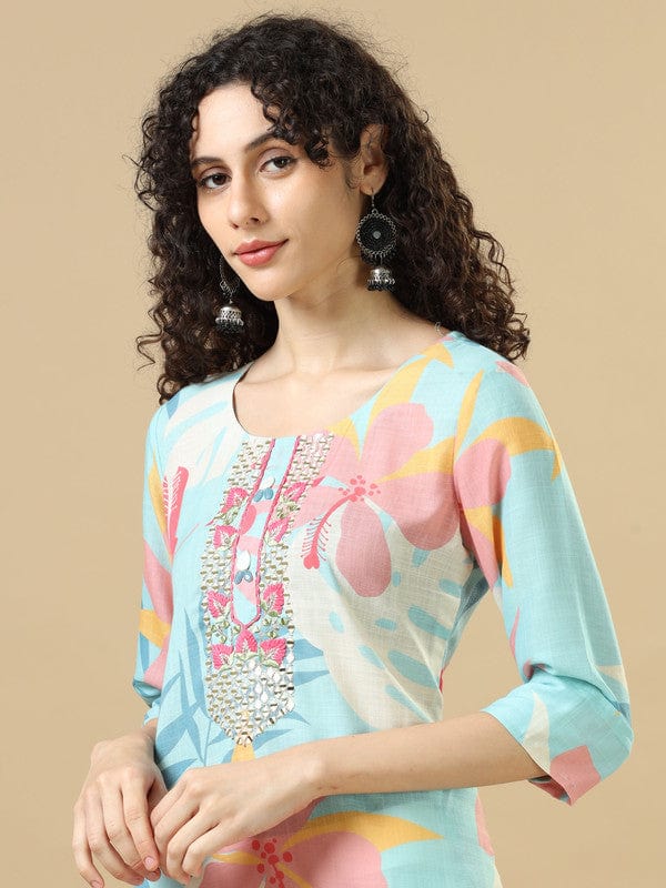 Sky Blue 3/4Th Sleeves Cotton Slub  Regular Fit Calf Length A-Line Kurta Set - Without Dupatta