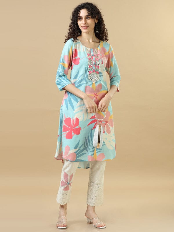 Sky Blue 3/4Th Sleeves Cotton Slub  Regular Fit Calf Length A-Line Kurta Set - Without Dupatta