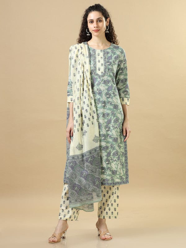 Sea Green 3/4Th Sleeves Cotton Regular Fit Calf Length Straight Kurta Set - With Dupatta