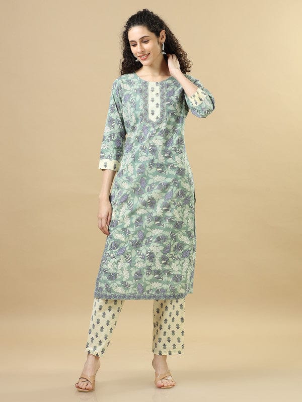 Sea Green 3/4Th Sleeves Cotton Regular Fit Calf Length Straight Kurta Set - With Dupatta