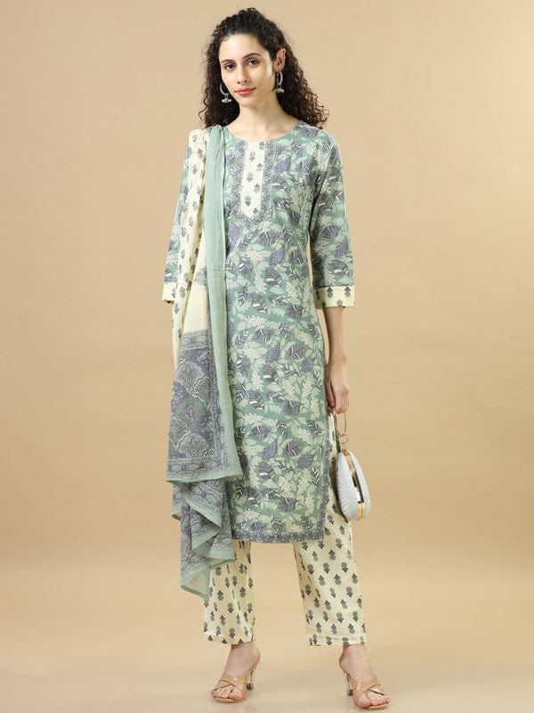 Sea Green 3/4Th Sleeves Cotton Regular Fit Calf Length Straight Kurta Set - With Dupatta