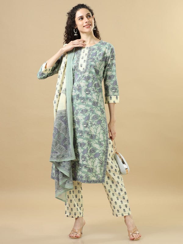 Sea Green 3/4Th Sleeves Cotton Regular Fit Calf Length Straight Kurta Set - With Dupatta