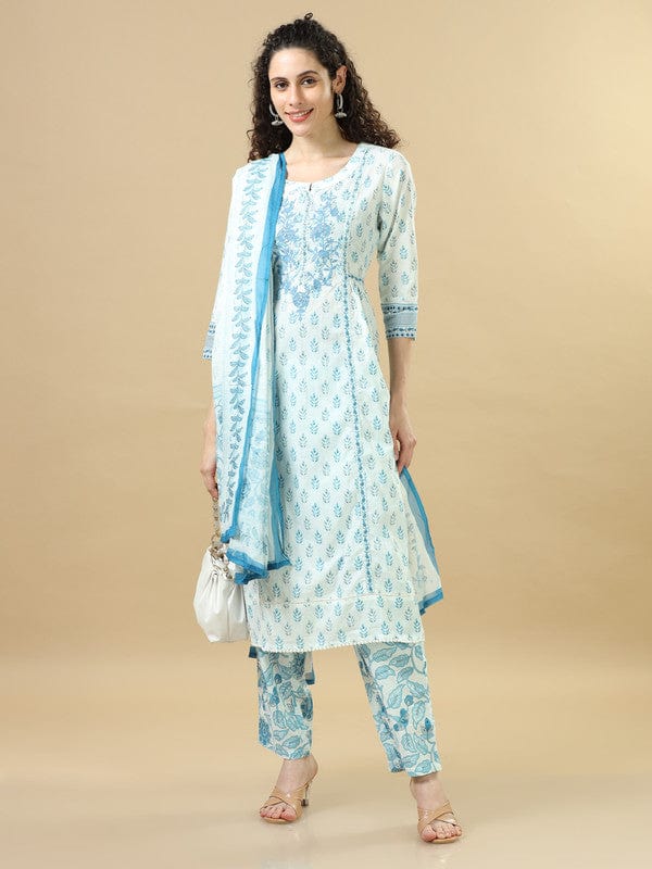 White 3/4Th Sleeves Cotton Regular Fit Calf Length Straight Kurta Set - With Dupatta