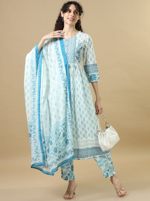 White 3/4Th Sleeves Cotton Regular Fit Calf Length with tassels Straight Kurta Set - With Dupatta