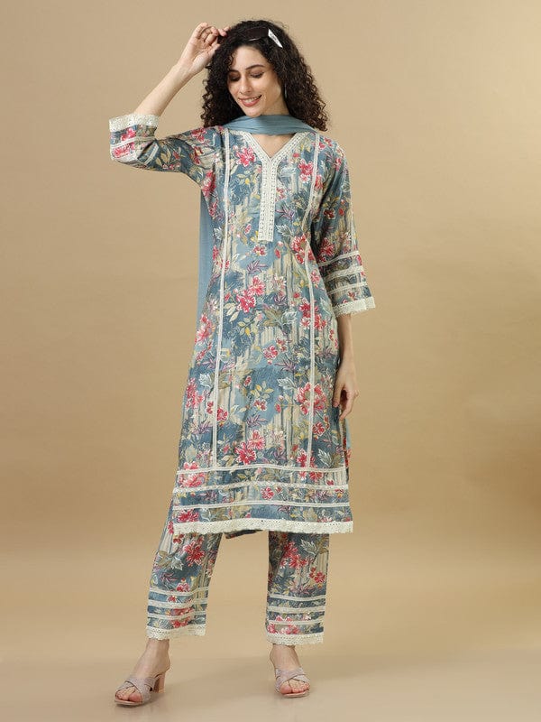 Steel Blue 3/4Th Sleeves Cotton Silk Regular Fit Calf Length Straight Kurta Set - With Dupatta