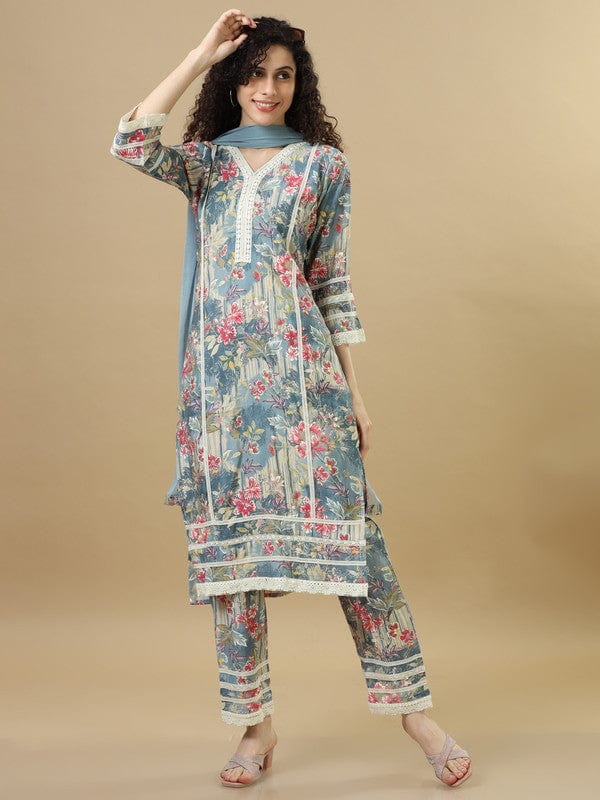 Steel Blue 3/4Th Sleeves Cotton Silk Regular Fit Calf Length Straight Kurta Set - With Dupatta