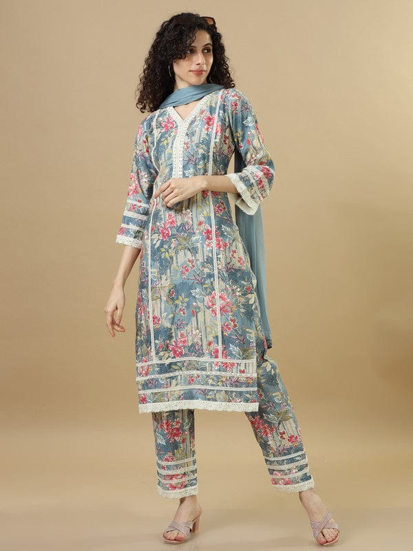 Steel Blue 3/4Th Sleeves Cotton Silk Regular Fit Calf Length Straight Kurta Set - With Dupatta