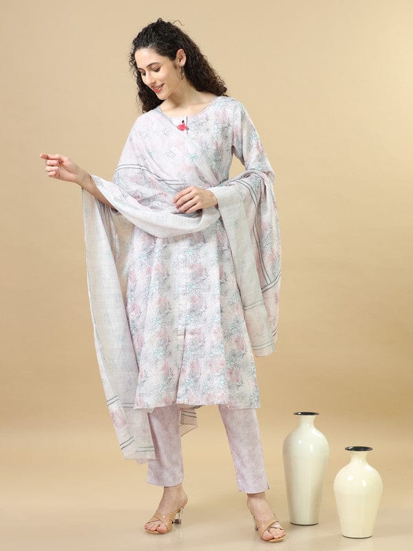 Light Grey 3/4Th Sleeves Linen Regular Fit Calf Length Straight Kurta Set - With Dupatta