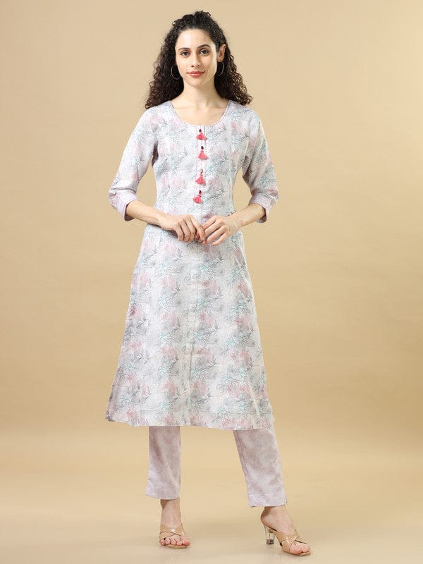 Light Grey 3/4Th Sleeves Linen Regular Fit Calf Length Straight Kurta Set - With Dupatta