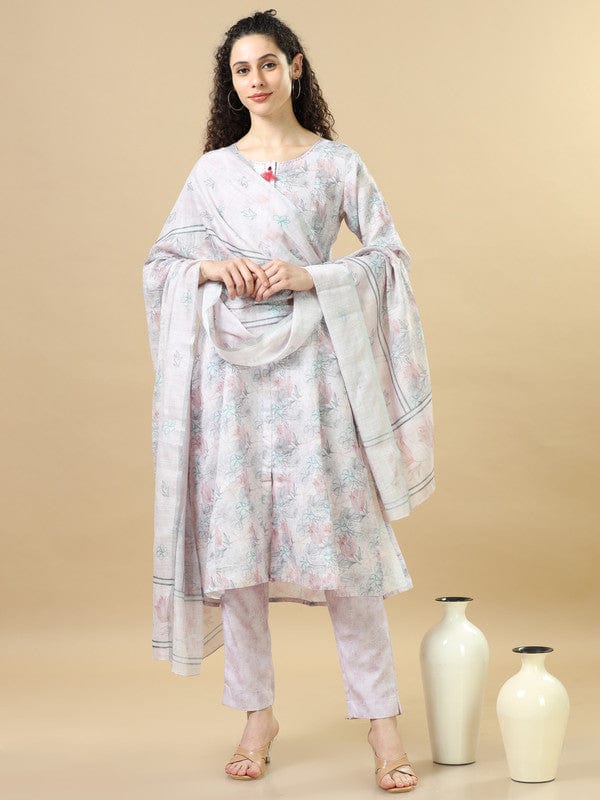 Light Grey 3/4Th Sleeves Linen Regular Fit Calf Length Straight Kurta Set - With Dupatta