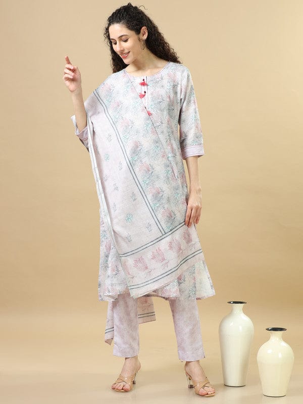 Light Grey 3/4Th Sleeves Linen Regular Fit Calf Length Straight Kurta Set - With Dupatta