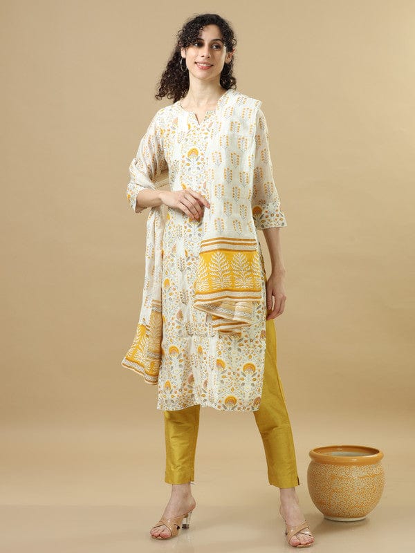 Yellow 3/4Th Sleeves Chanderi Regular Fit Calf Length Straight Kurta Set - With Dupatta