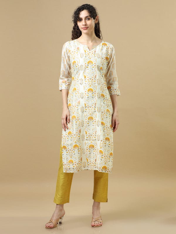 Yellow 3/4Th Sleeves Chanderi Regular Fit Calf Length Straight Kurta Set - With Dupatta