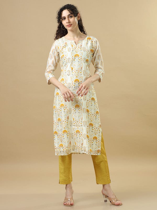 Yellow 3/4Th Sleeves Chanderi Regular Fit Calf Length Straight Kurta Set - With Dupatta