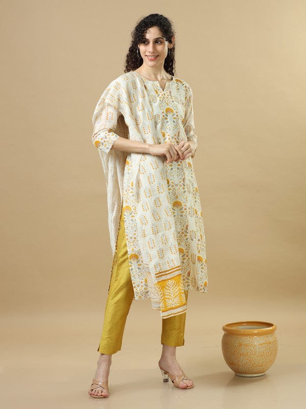 Yellow 3/4Th Sleeves Chanderi Regular Fit Calf Length Straight Kurta Set - With Dupatta