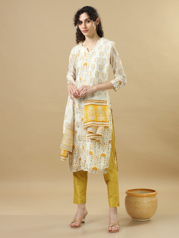 Yellow 3/4Th Sleeves Chanderi Regular Fit Calf Length Straight Kurta Set - With Dupatta