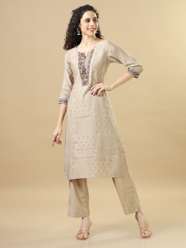 Light Brown 3/4Th Sleeves Chanderi Regular Fit Calf Length Straight Kurta Set - With Dupatta