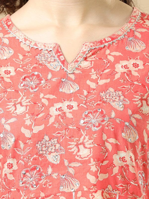 Saffron 3/4Th Sleeves Cotton Regular Fit Ankle Length Asymmetrical Kurta Set - With Dupatta