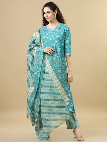 Turquoise 3/4Th Sleeves Cotton Regular Fit Ankle Length Asymmetrical Kurta Set - With Dupatta